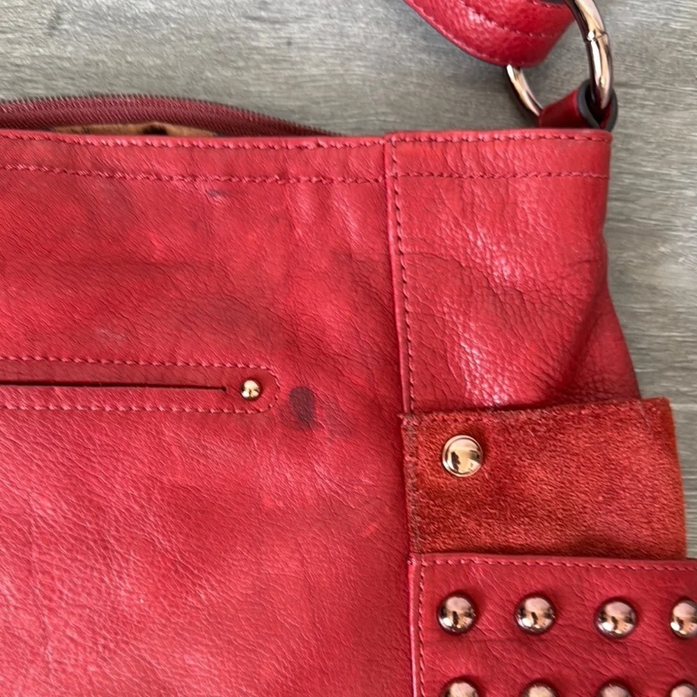 B. Makowsky Red Leather and Rose Gold Studded Bag